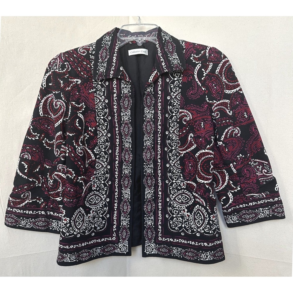 Coldwater Creek Artsy Boho Boxy Paisley Open Front Blazer 4 Black Cotton 3/4 Slv